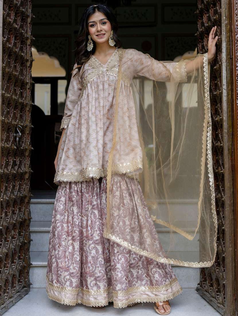 women embroidered three quarter sleeve kurta sharara with dupatta set
