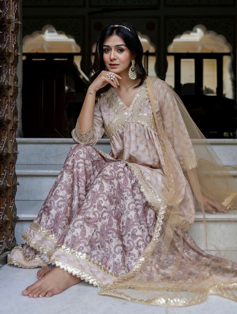 women embroidered three quarter sleeve kurta sharara with dupatta set - 22083223 -  Standard Image - 1