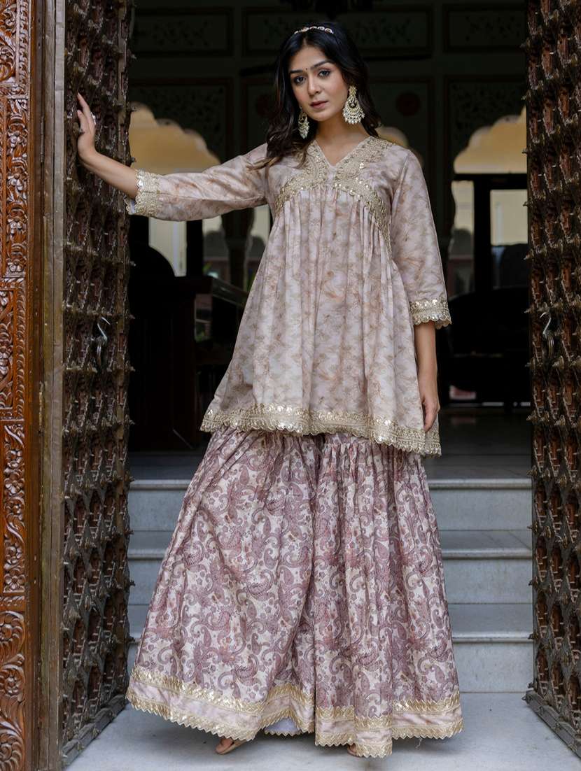 women embroidered three quarter sleeve kurta sharara with dupatta set - 22083223 - Standard Image - 4