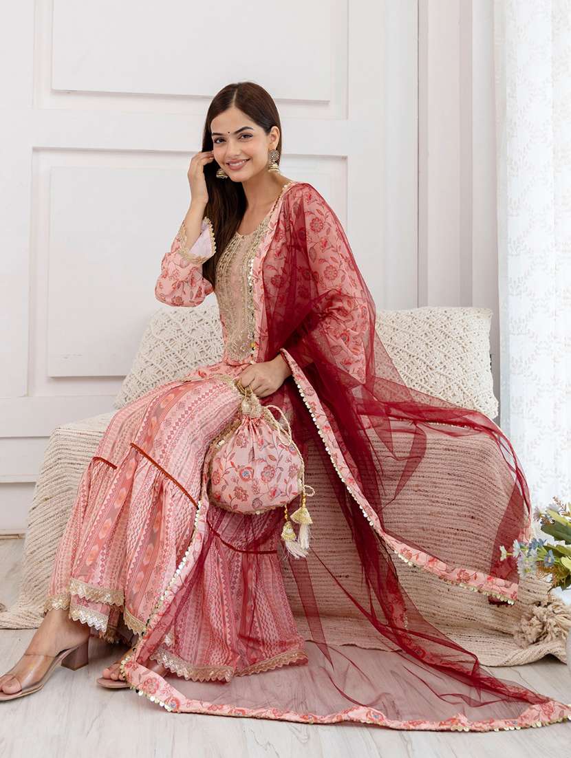 women embroidered long sleeve kurta sharara with dupatta set - 22083224 -  Standard Image - 1