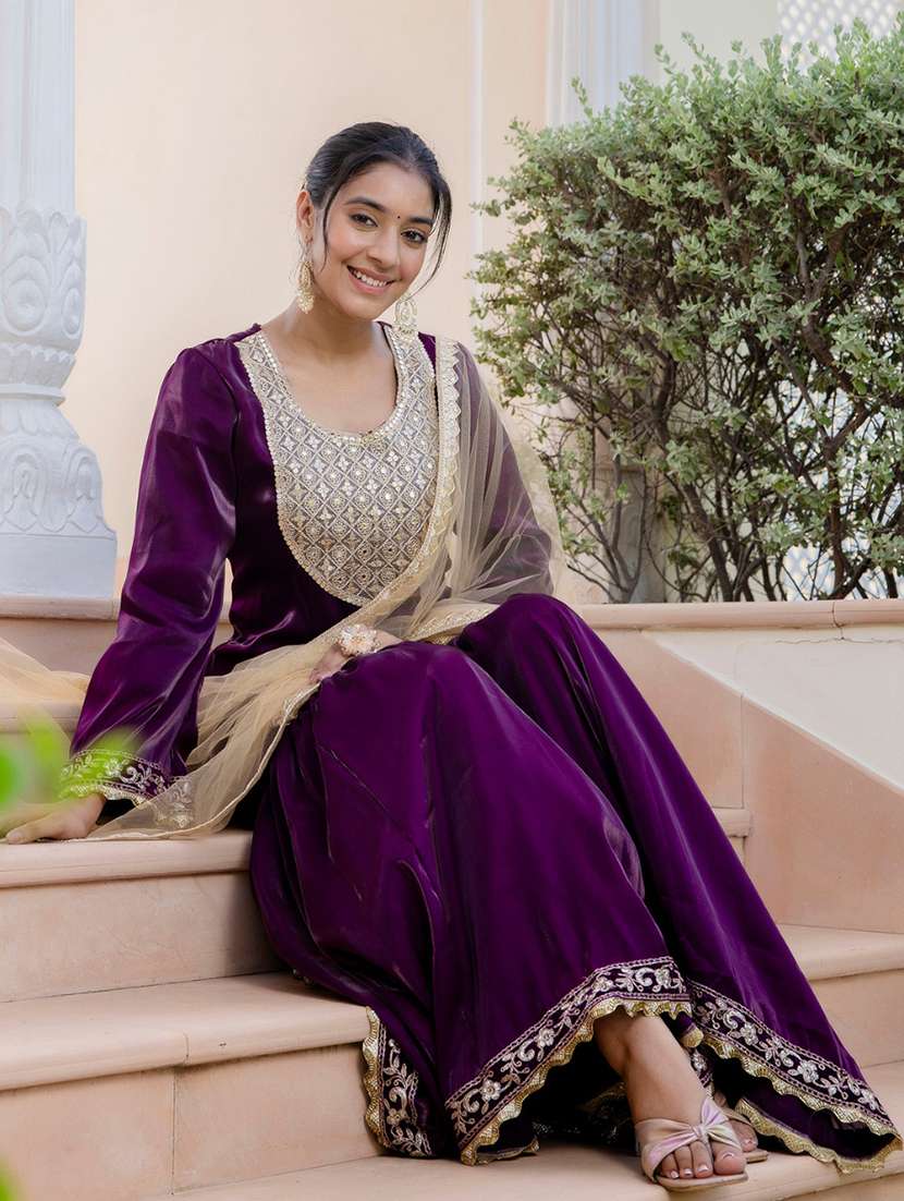 women embroidered long sleeve kurta sharara with dupatta set - 22083225 -  Standard Image - 1
