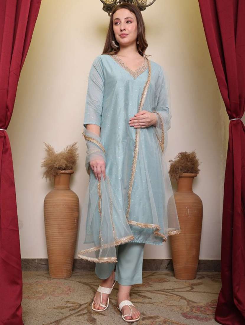 women embroidered three quarter sleeve kurta pant with dupatta set