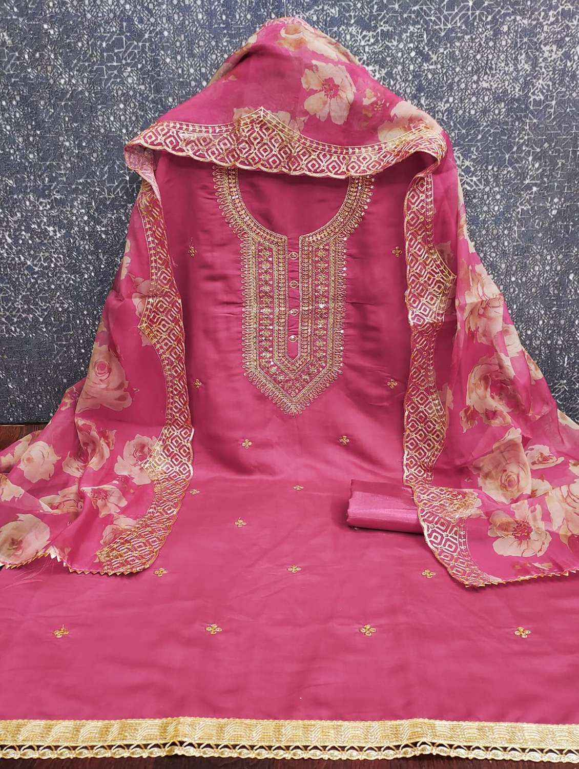 pink cotton blend unstitched suit