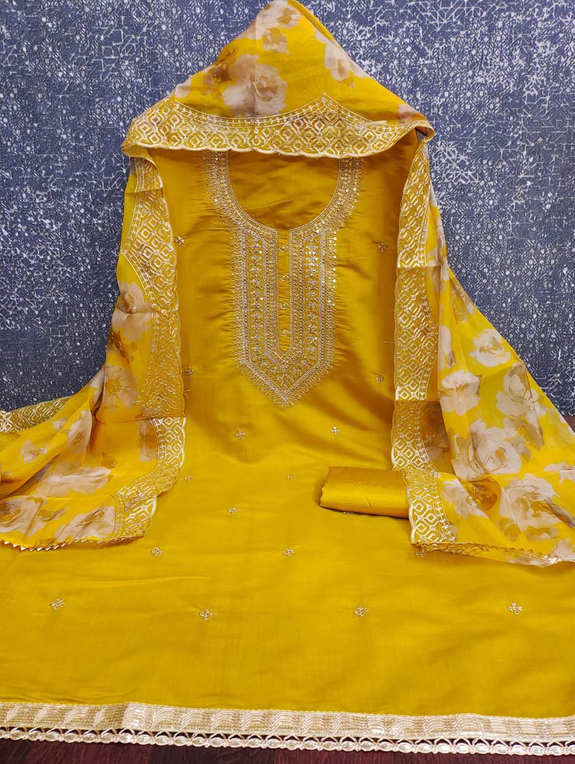 yellow cotton blend unstitched suit
