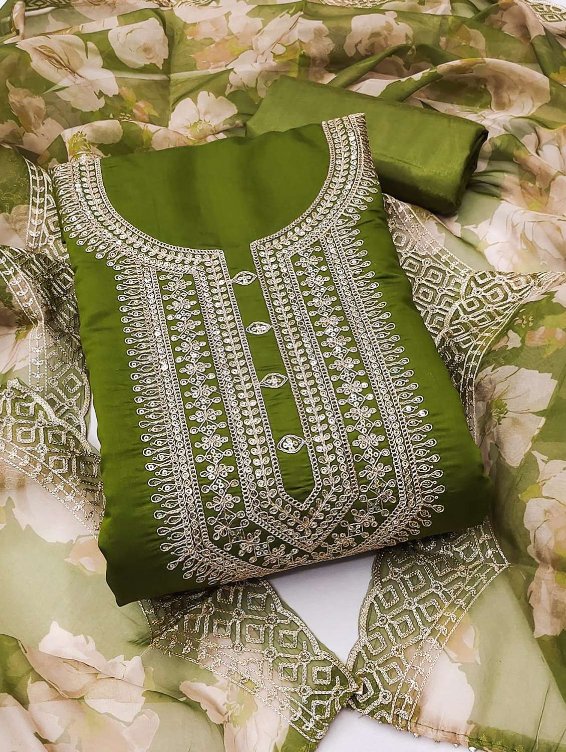 green cotton blend unstitched suit - 22083248 -  Standard Image - 1