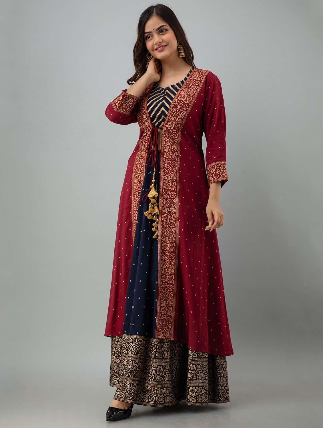 women foil printed skirt top with long jacket set