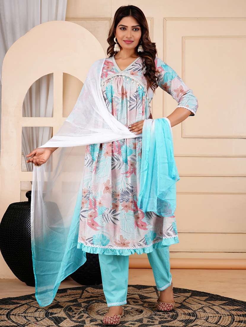 women floral three quarter sleeve kurta pant with dupatta set - 22083309 - Standard Image - 1