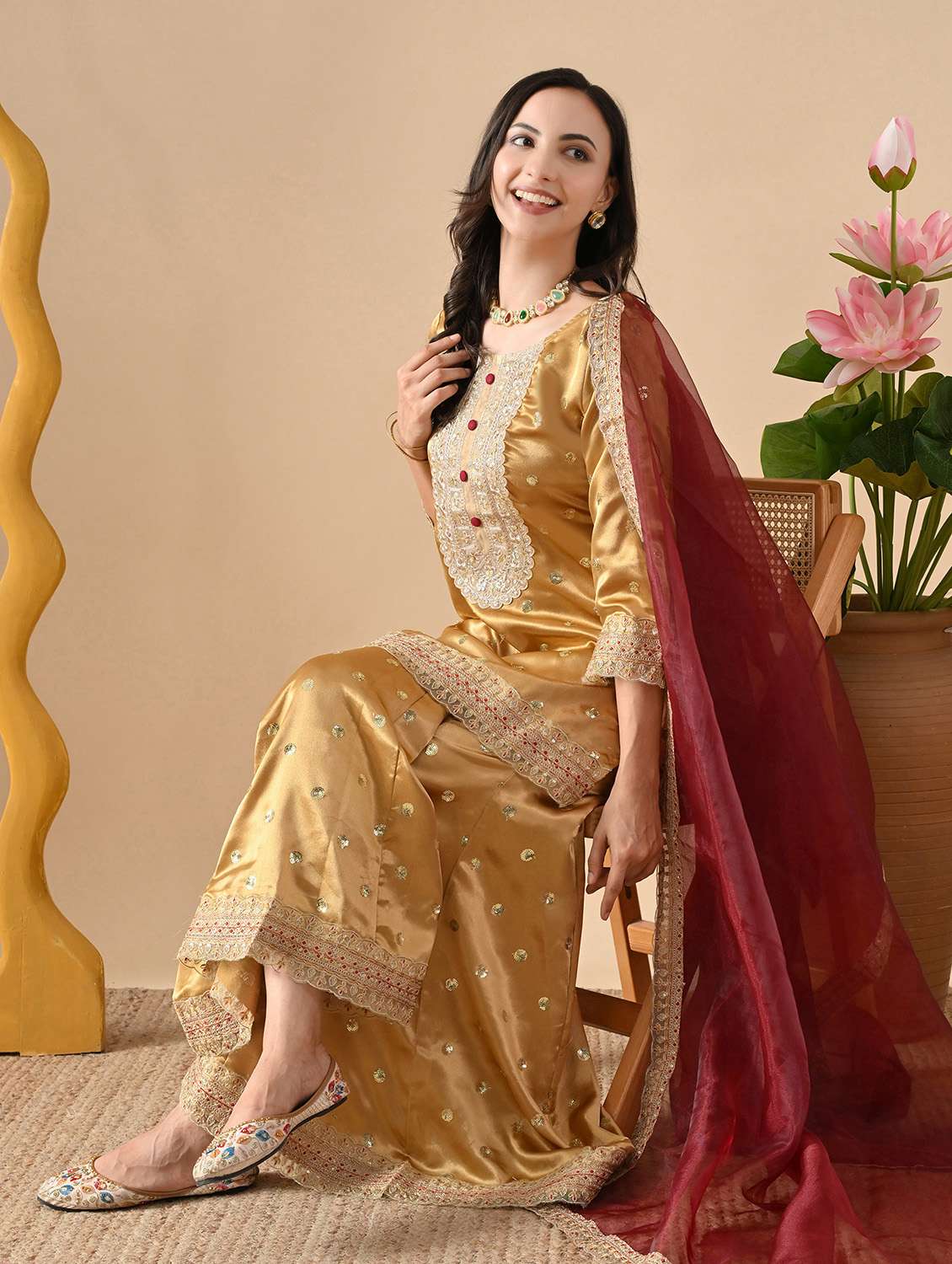 women embroidered three quarter sleeve kurta sharara with dupatta set - 22083310 -  Standard Image - 1