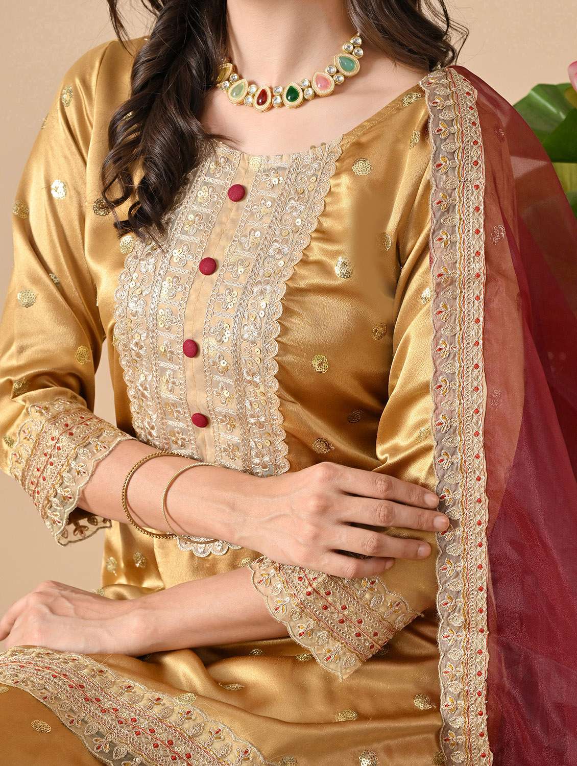 women embroidered three quarter sleeve kurta sharara with dupatta set - 22083310 -  Standard Image - 4