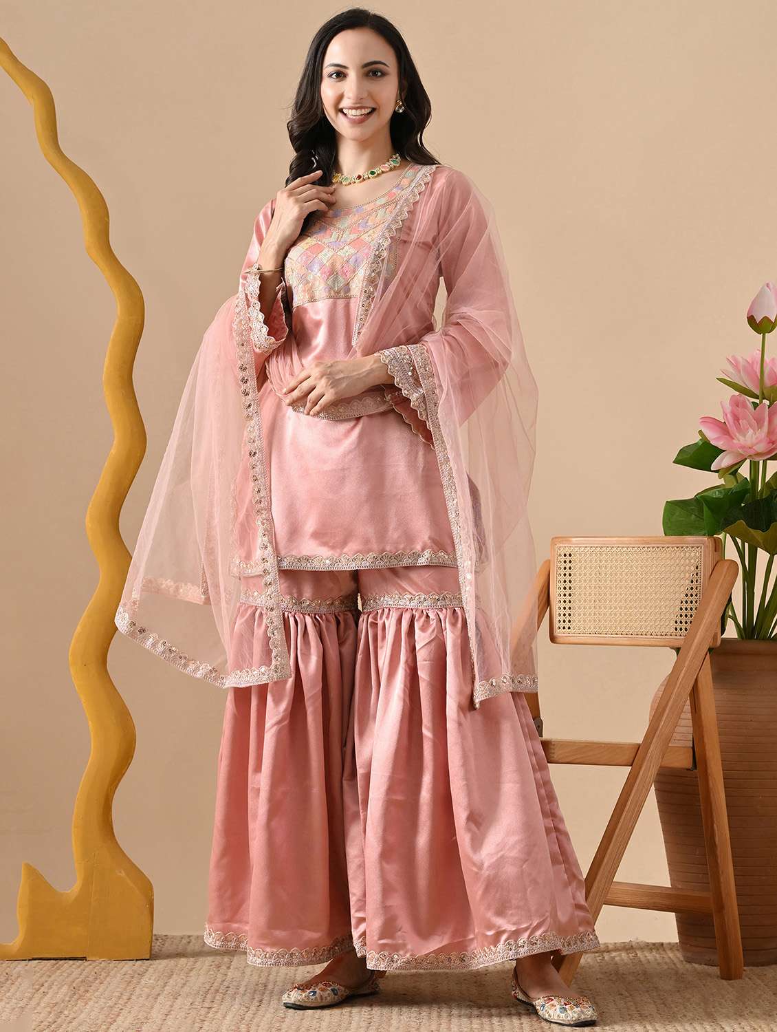 women embroidered long sleeve kurta sharara with dupatta set