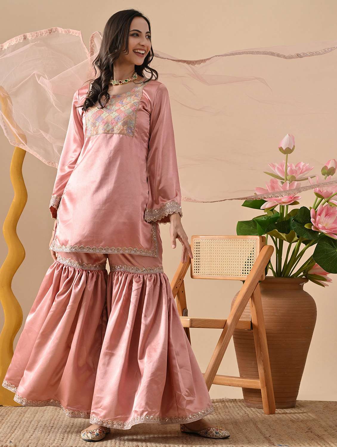 women embroidered long sleeve kurta sharara with dupatta set - 22083311 -  Standard Image - 1