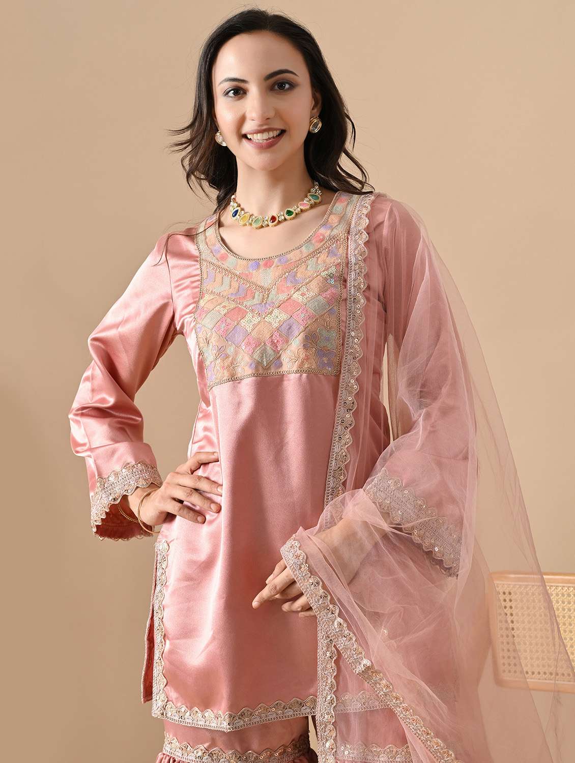 women embroidered long sleeve kurta sharara with dupatta set - 22083311 -  Standard Image - 4