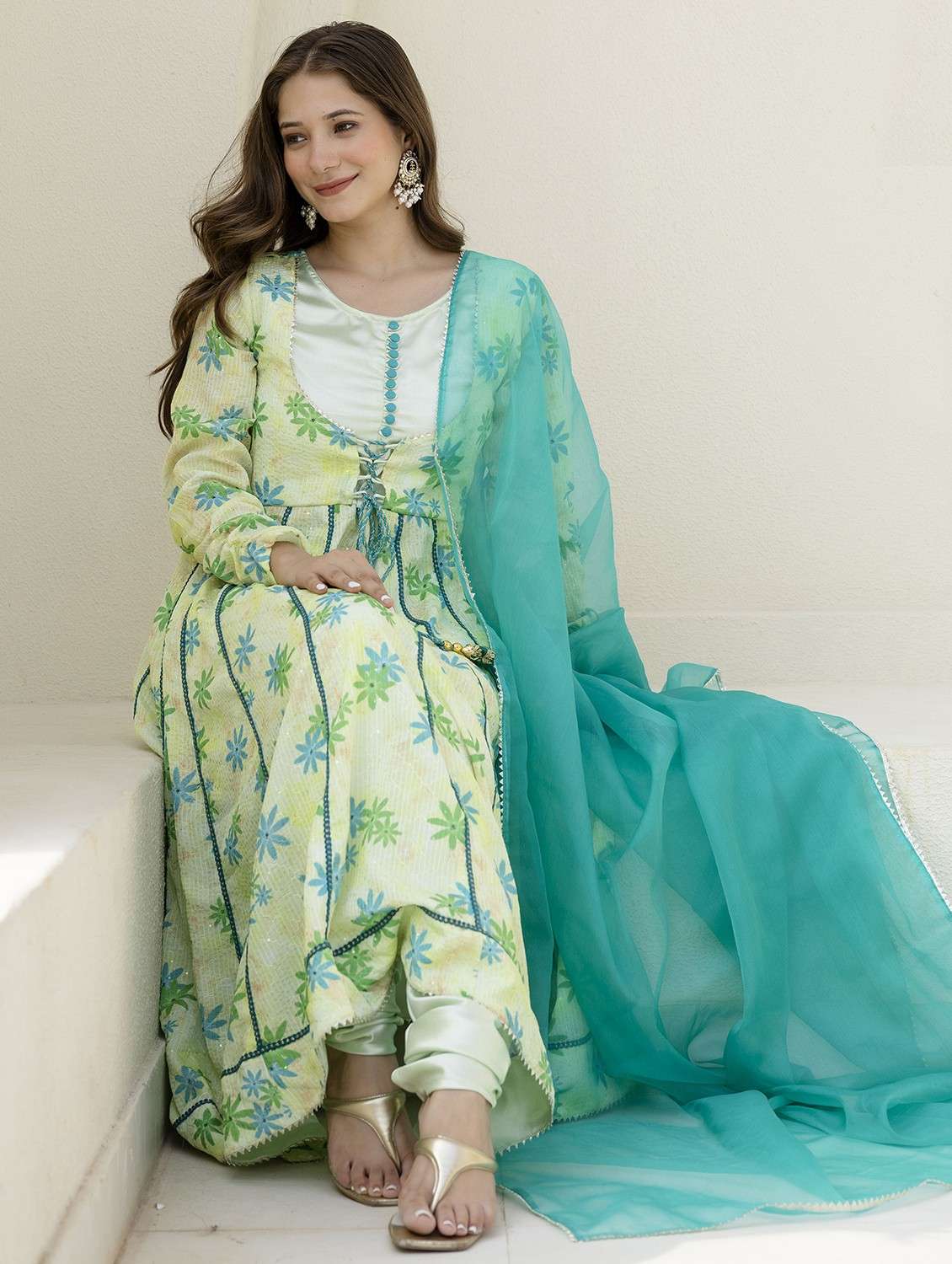 women embellished long sleeve kurta churidaar with dupatta set - 22083313 - Standard Image - 1
