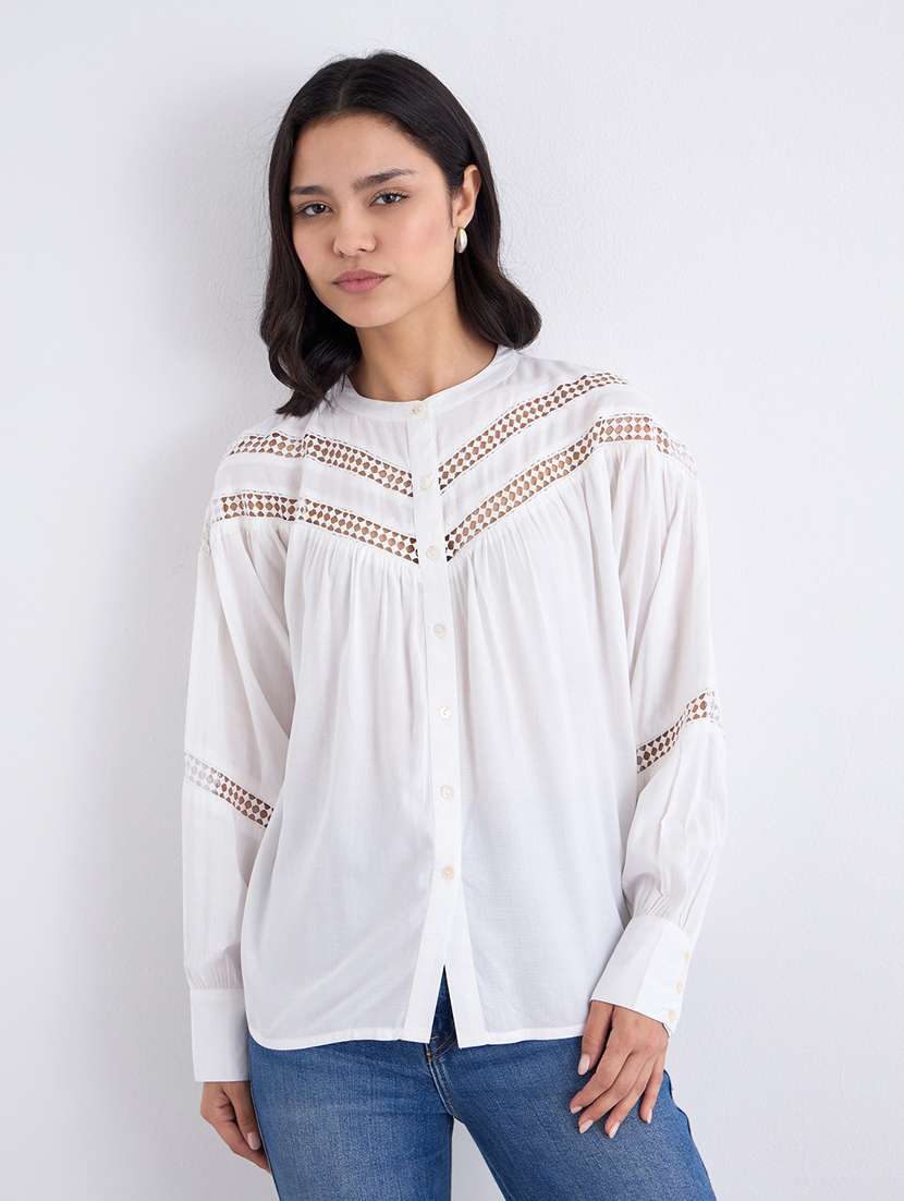 women white solid puff sleeve regular top
