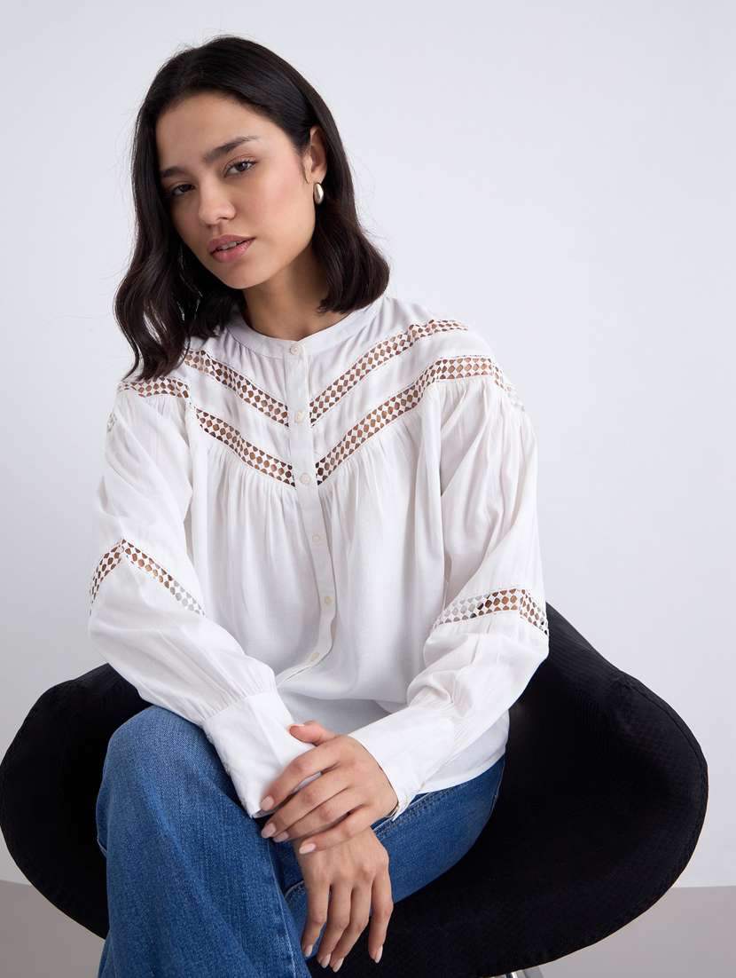 women white solid puff sleeve regular top - 22083460 -  Standard Image - 1