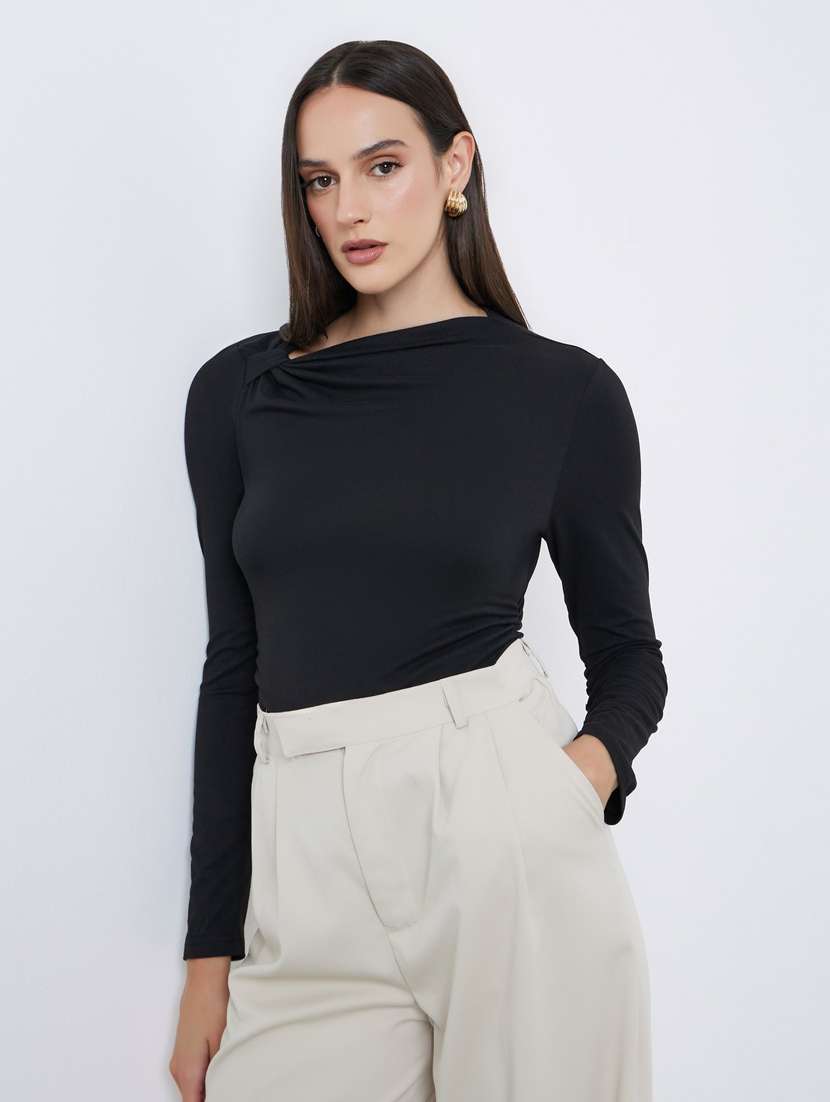women black solid long sleeve slim fit top - 22083461 - Standard Image - 1