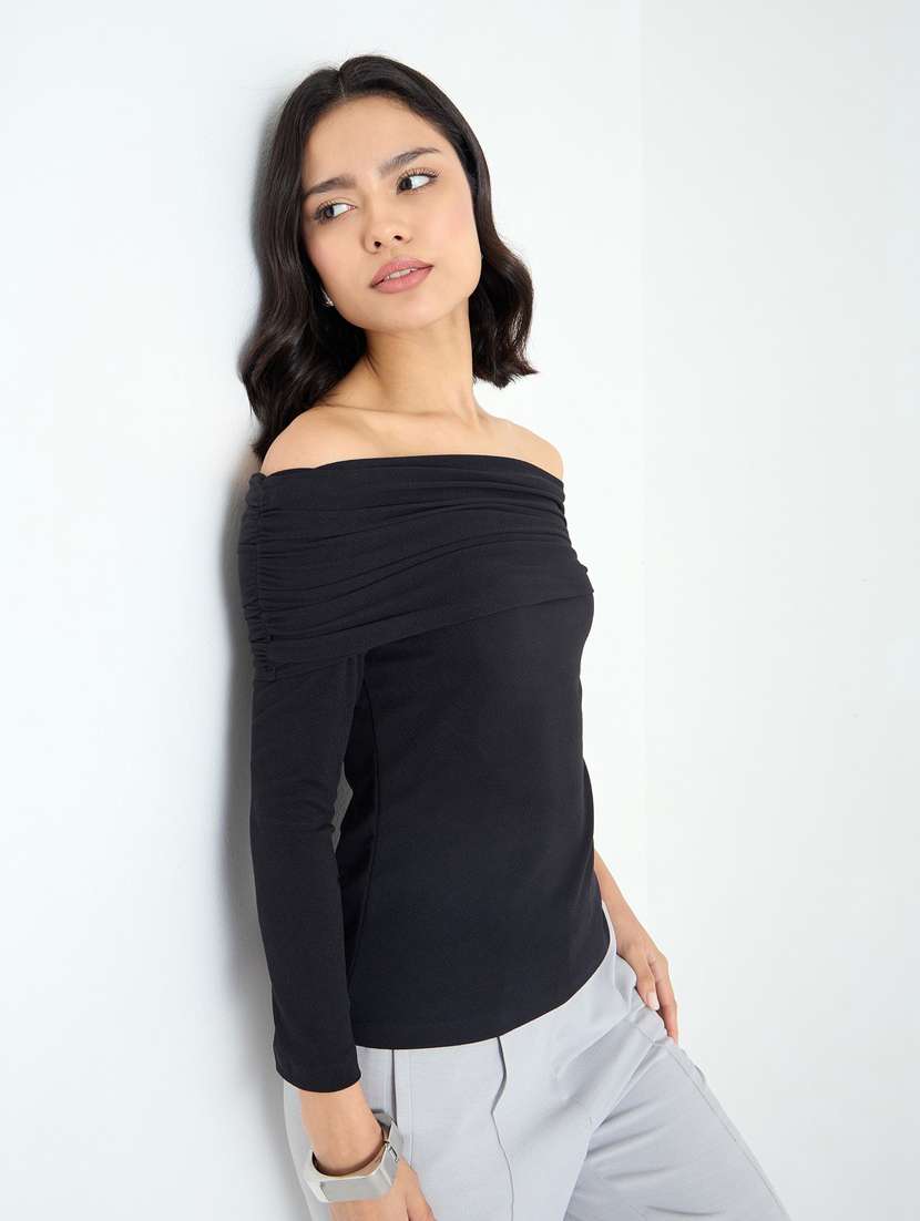 women black solid long sleeve off shoulder top - 22083462 - Standard Image - 1