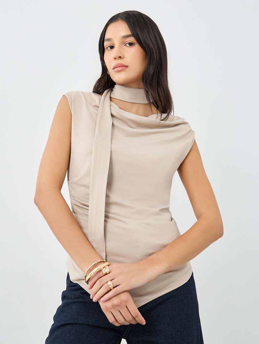 women solid cowl neck sleeveless top