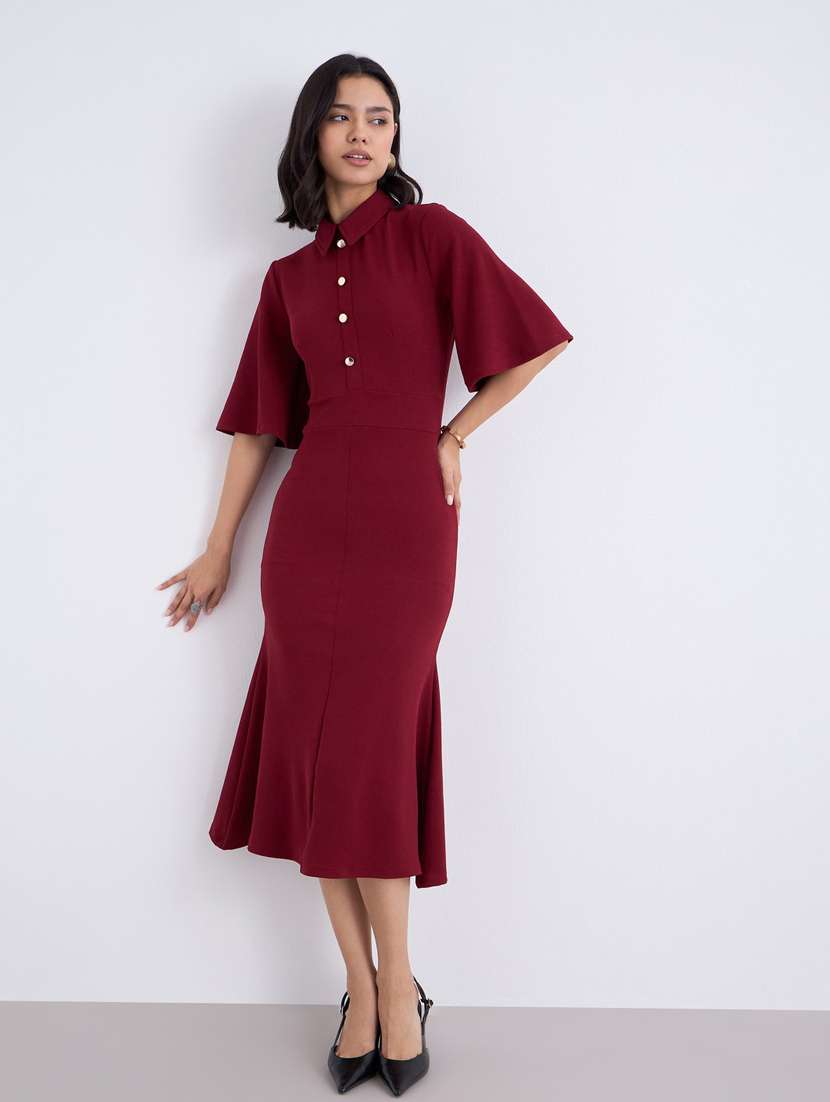 women maroon solid bell sleeve collared bodycon dress - 22083479 - Standard Image - 1