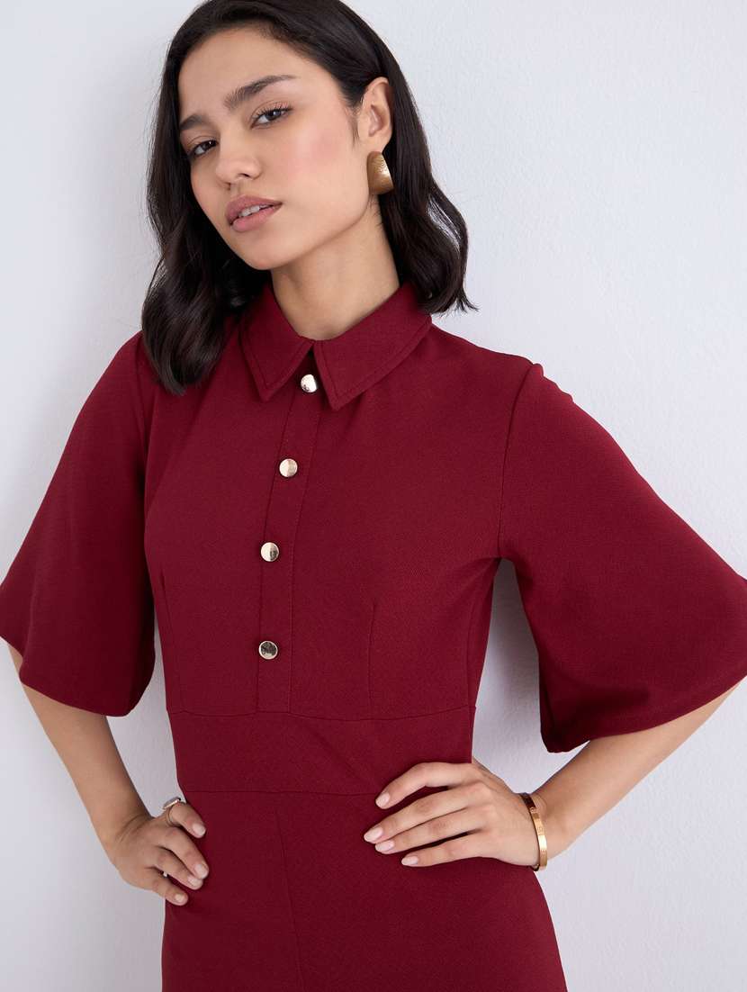 women maroon solid bell sleeve collared bodycon dress - 22083479 - Standard Image - 4