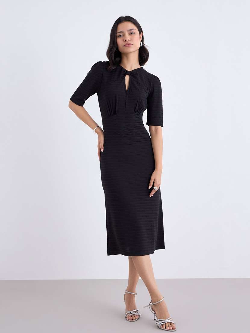 women black self designed puff sleeve sheath dress - 22083481 -  Standard Image - 1