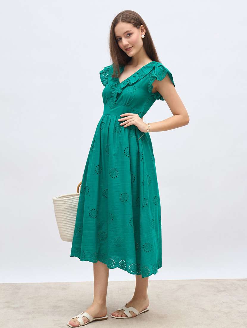 women solid ruffle sleeve schiffli fit & flare dress