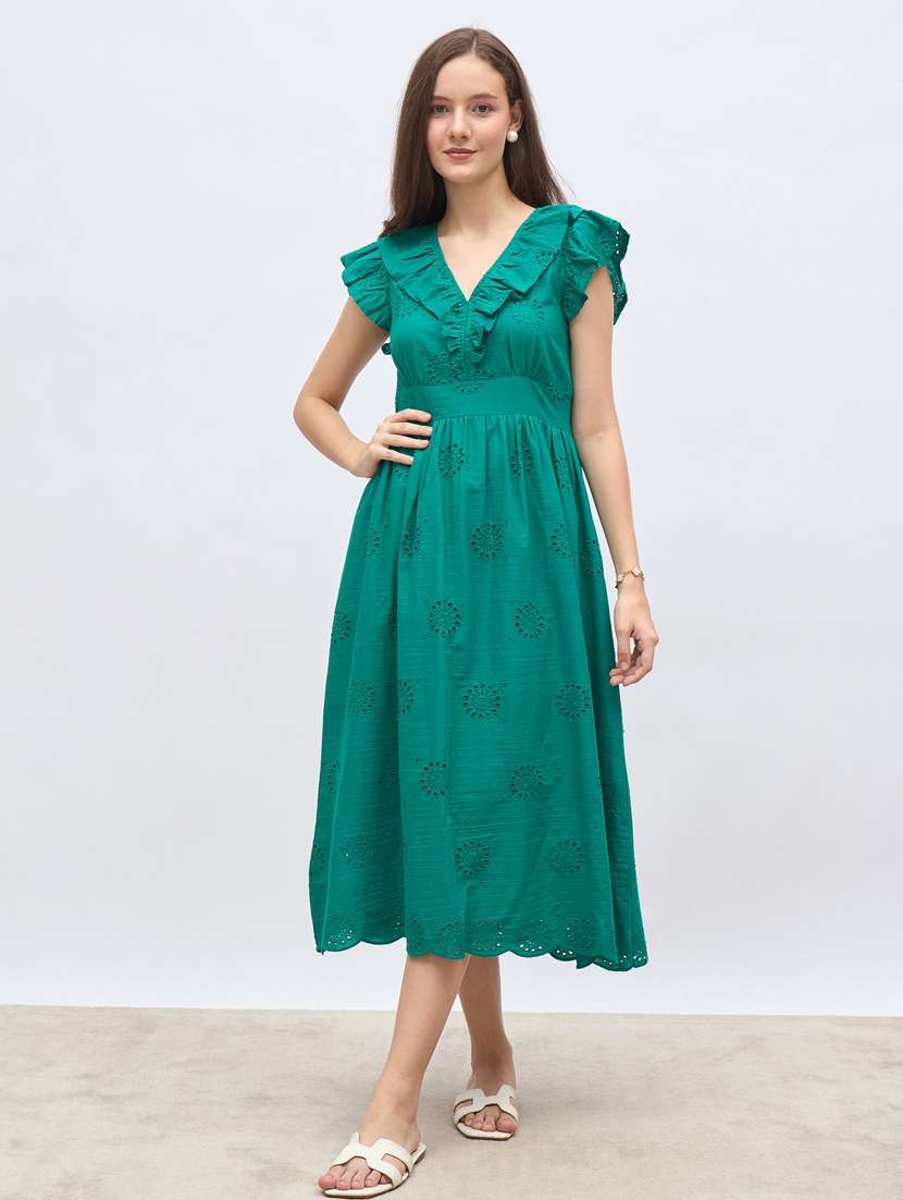women solid ruffle sleeve schiffli fit & flare dress - 22083484 -  Standard Image - 1
