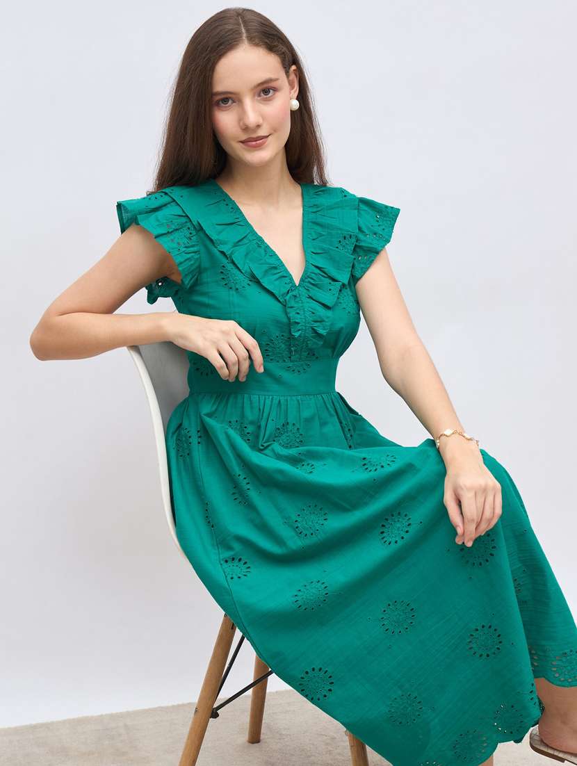 women solid ruffle sleeve schiffli fit & flare dress - 22083484 -  Standard Image - 4