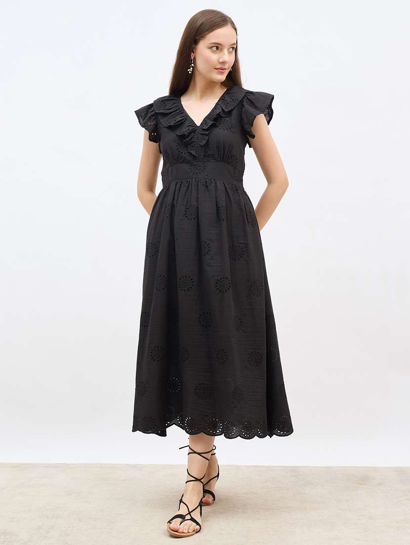 women solid ruffle sleeve schiffli fit & flare dress