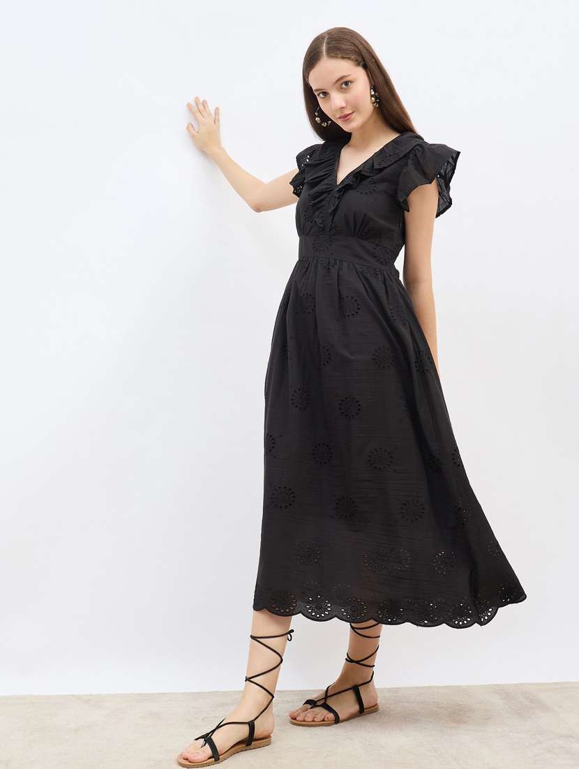 women solid ruffle sleeve schiffli fit & flare dress - 22083485 -  Standard Image - 1