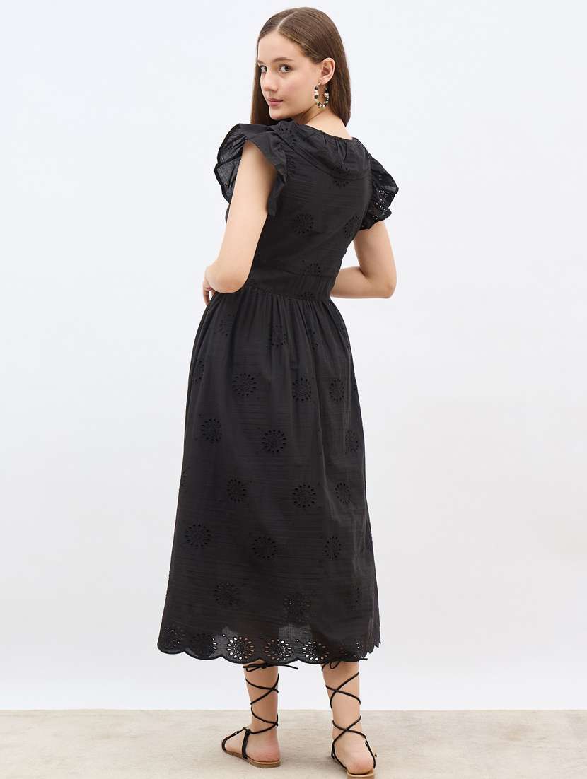 women solid ruffle sleeve schiffli fit & flare dress - 22083485 -  Standard Image - 4