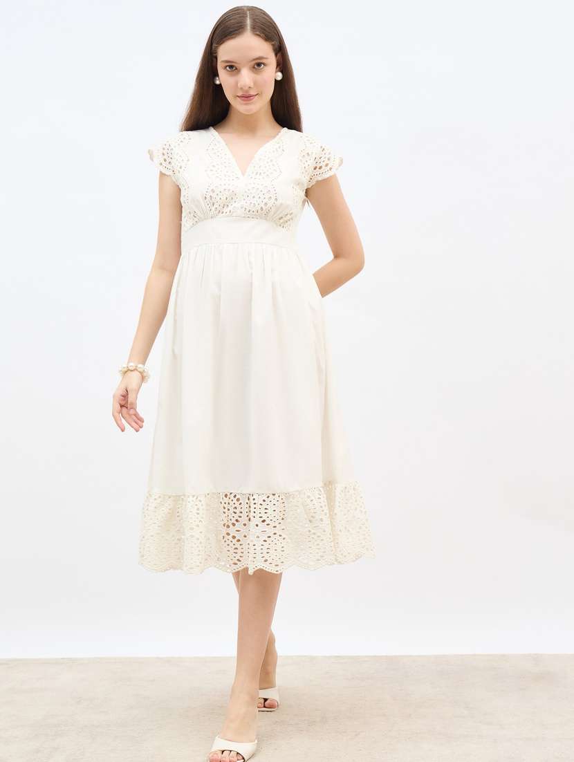 women solid cap sleeve lace a-line dress - 22083486 -  Standard Image - 1