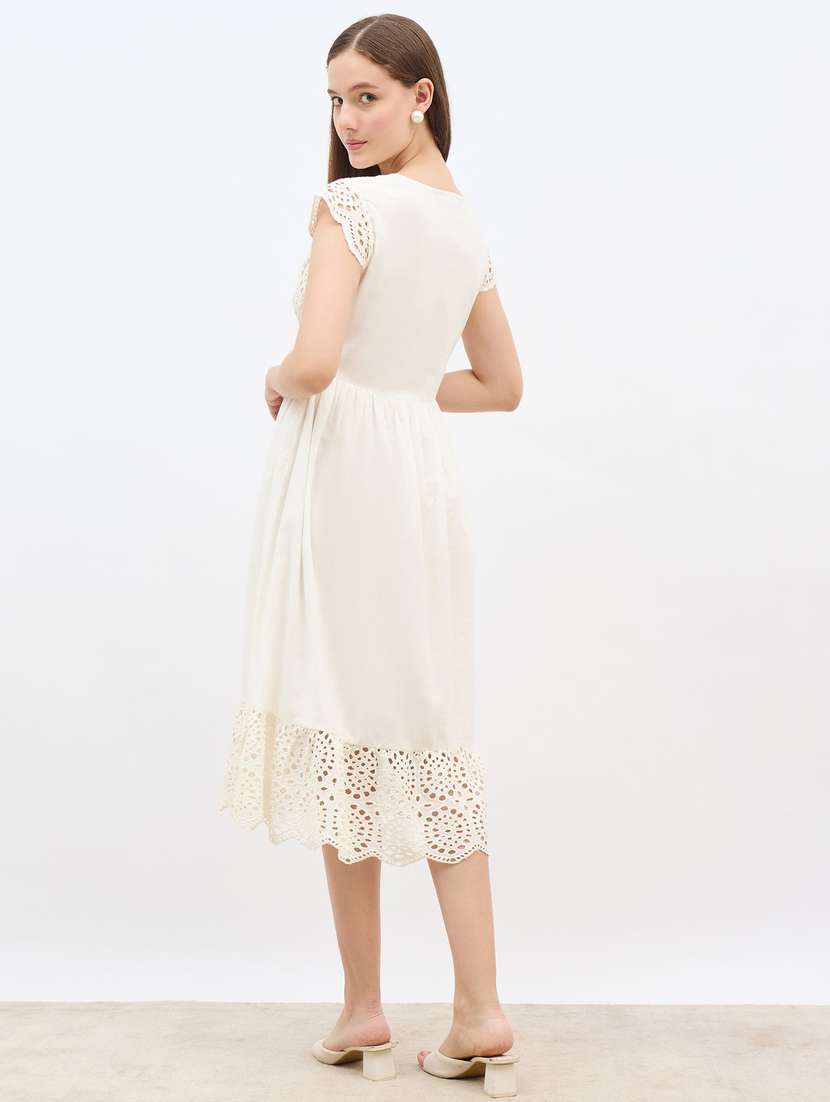 women solid cap sleeve lace a-line dress - 22083486 -  Standard Image - 4