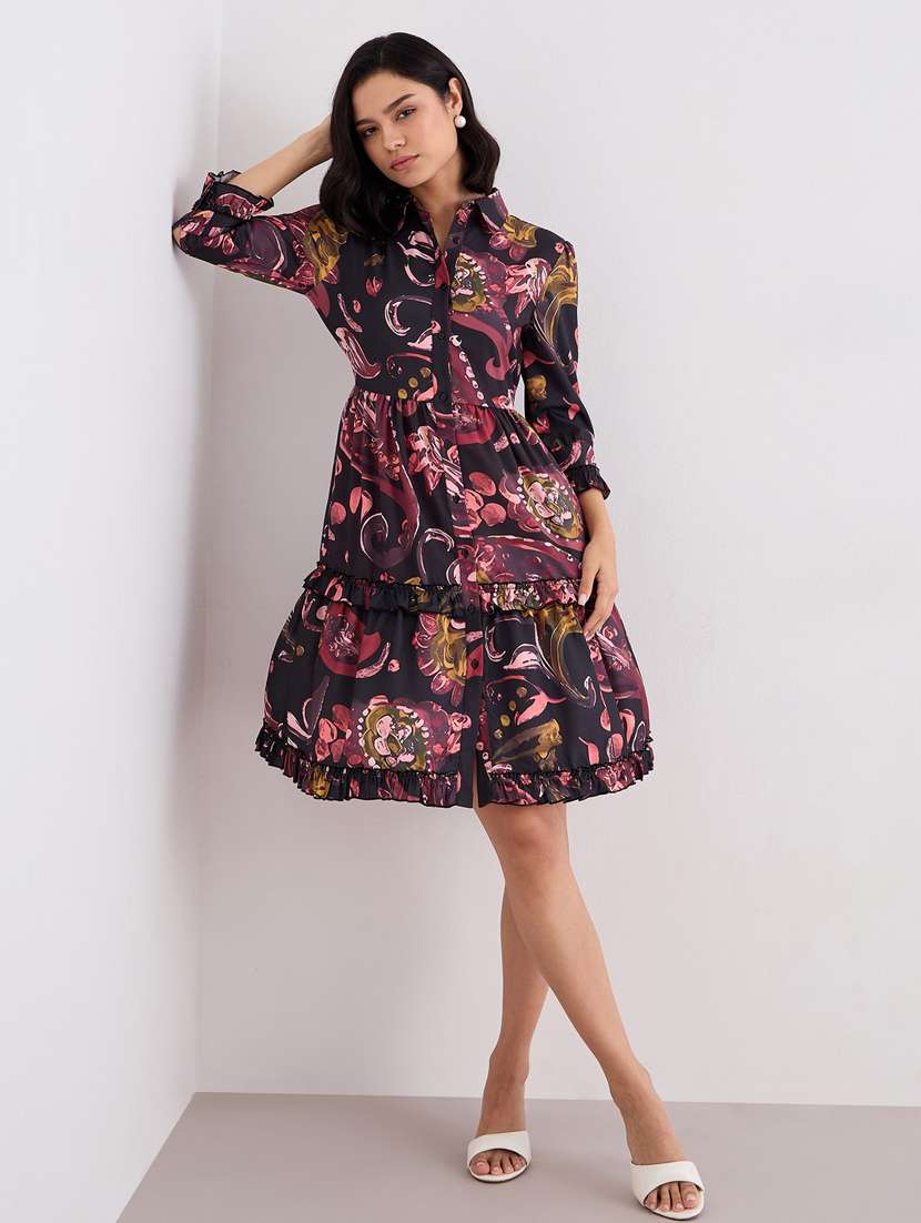 women printed collared three quarter sleeve tiered dress - 22083490 -  Standard Image - 1