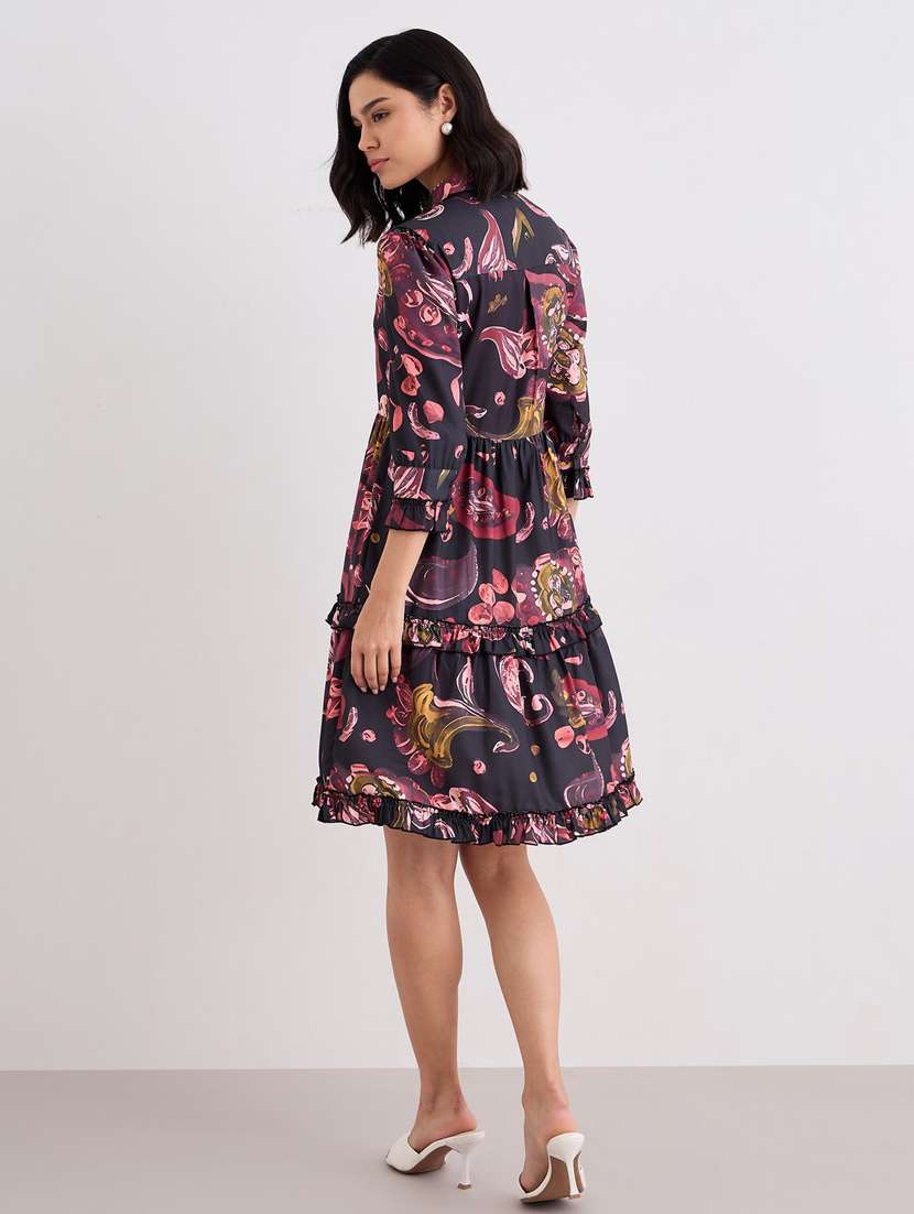 women printed collared three quarter sleeve tiered dress - 22083490 -  Standard Image - 4
