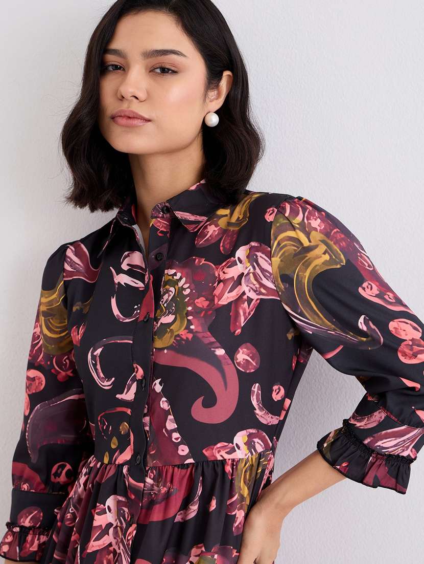 women printed collared three quarter sleeve tiered dress - 22083490 -  Standard Image - 6