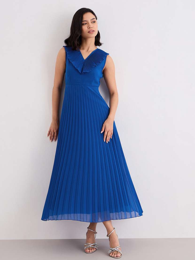 women blue solid sleeveless a-line dress - 22083492 -  Standard Image - 1
