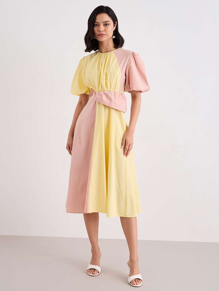 women color blocked puff sleeve cut out a-line dress