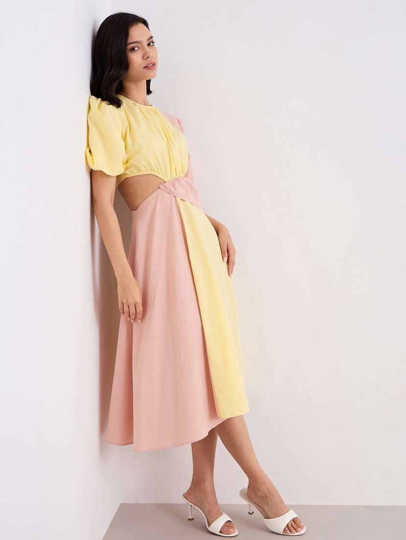 women color blocked puff sleeve cut out a-line dress - 22083493 - Standard Image - 1
