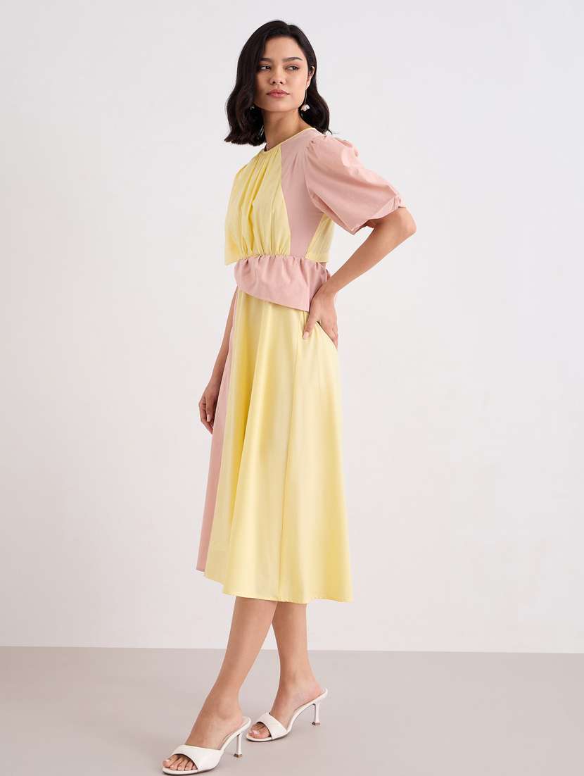 women color blocked puff sleeve cut out a-line dress - 22083493 - Standard Image - 4
