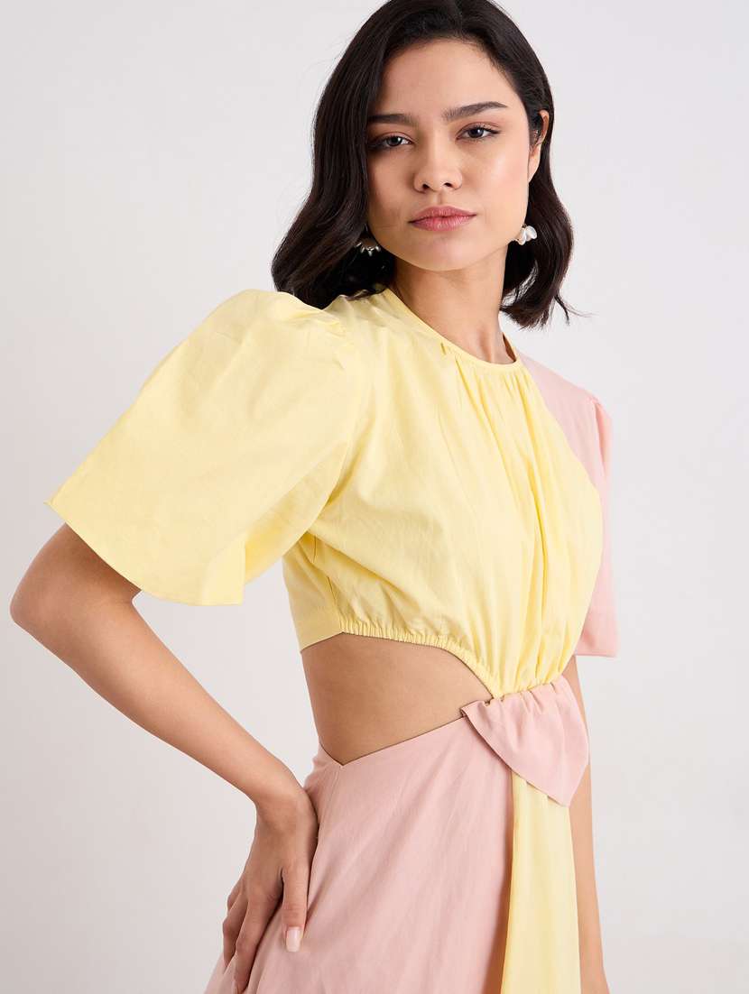 women color blocked puff sleeve cut out a-line dress - 22083493 - Standard Image - 6