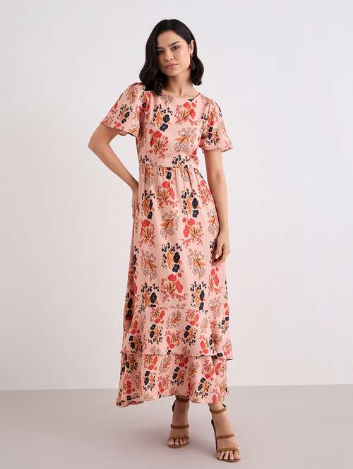 women printed puff sleeve layered maxi dress - 22083494 - Standard Image - 0