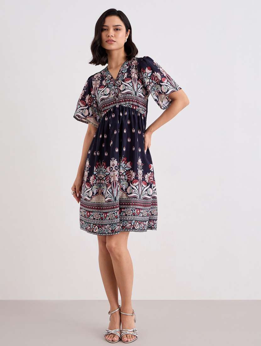 women printed bell sleeve a-line dress - 22083495 -  Standard Image - 1