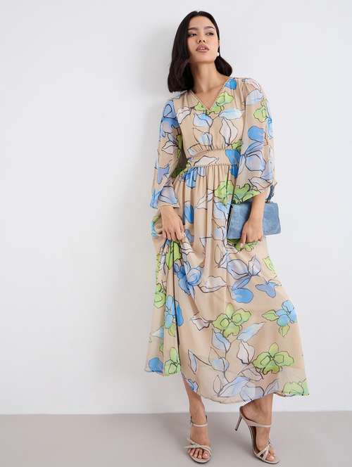 women printed bell sleeve a-line maxi dress - 22083497 -  Standard Image - 0