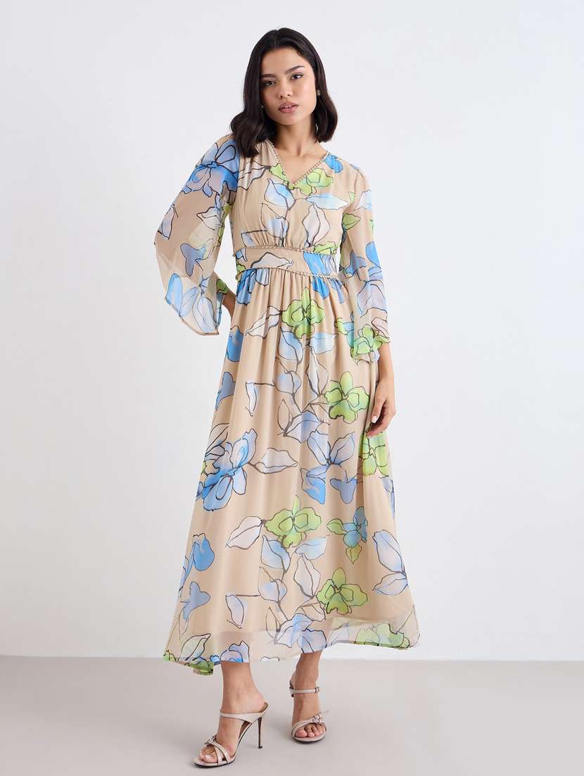 women printed bell sleeve a-line maxi dress - 22083497 -  Standard Image - 1
