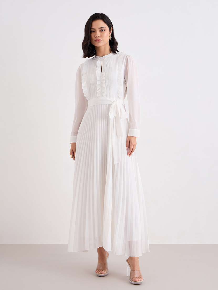 women white solid long sleeve fit & flare dress - 22083498 -  Zoom Image - 0