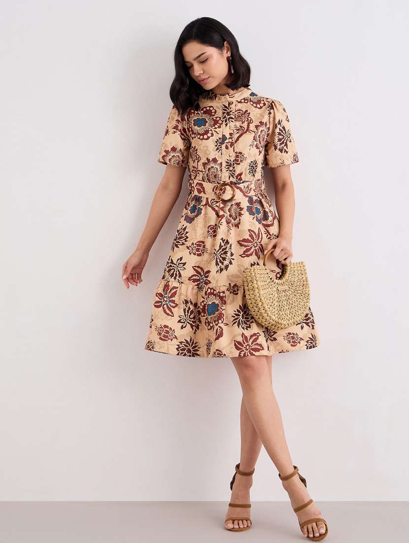 women printed puff sleeve tiered dress