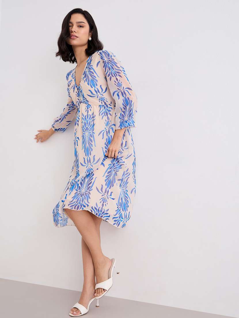 women printed puff sleeve a-line dress - 22083501 -  Standard Image - 1