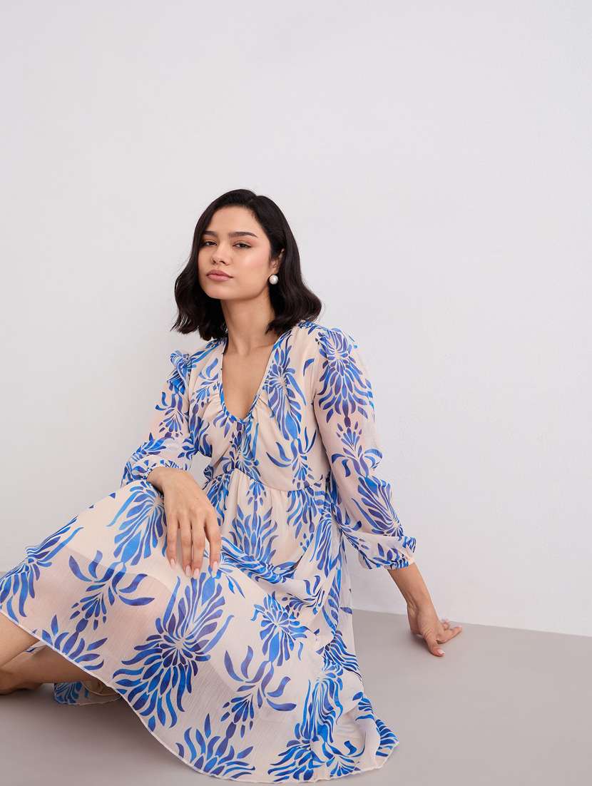 women printed puff sleeve a-line dress - 22083501 -  Standard Image - 4