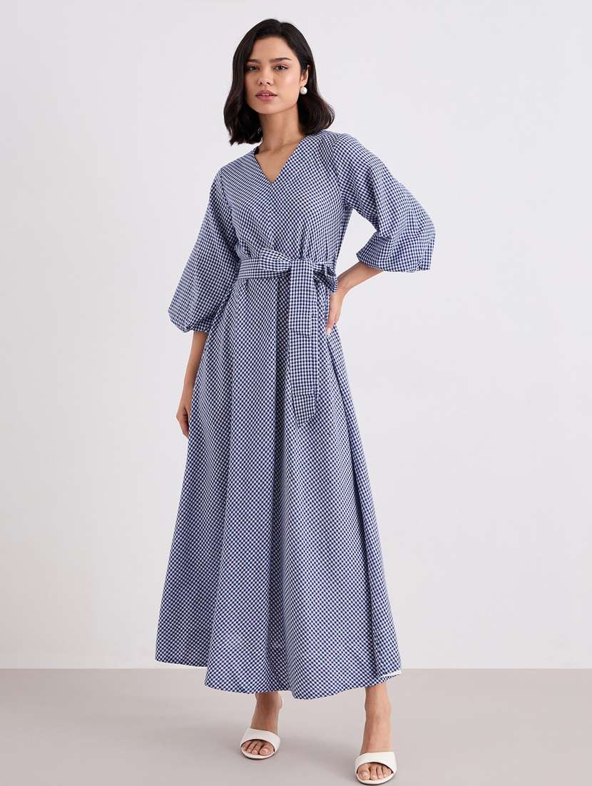 women checkered puff sleeve belted a-line dress - 22083504 -  Standard Image - 1